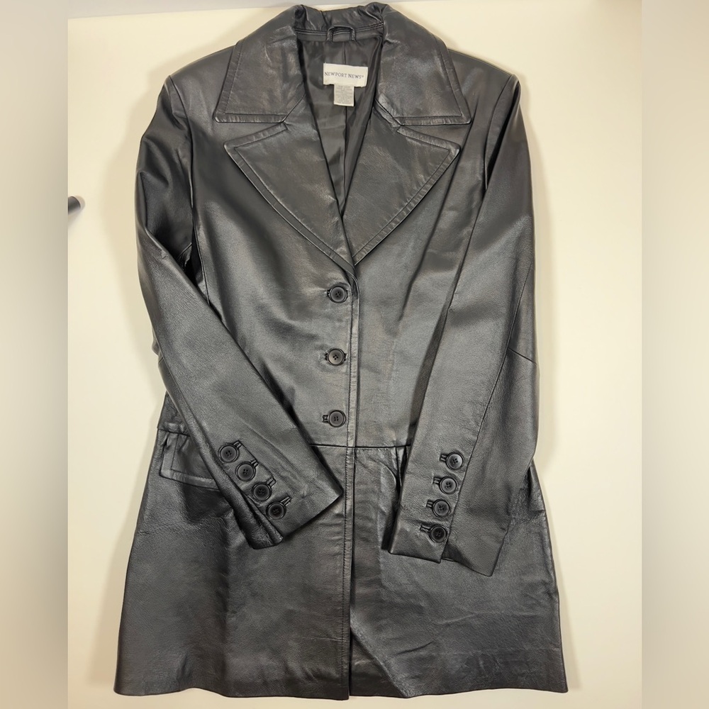 Vintage Newport News Black Genuine Leather Trench Mid Length Coat, M1161 - Picture 3 of 9